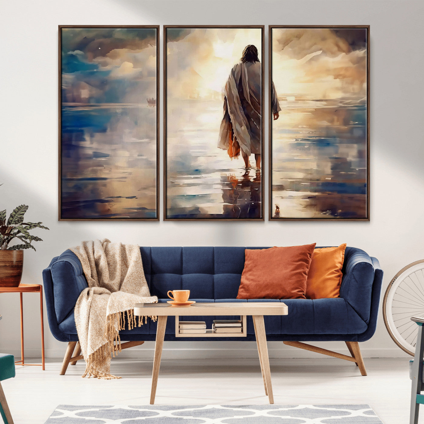 MGV-FC-48X32-3P - Jesus Walking on Water Wall Art | Ready to Hang Spiritual Triptych Canvas Print | Inspirational