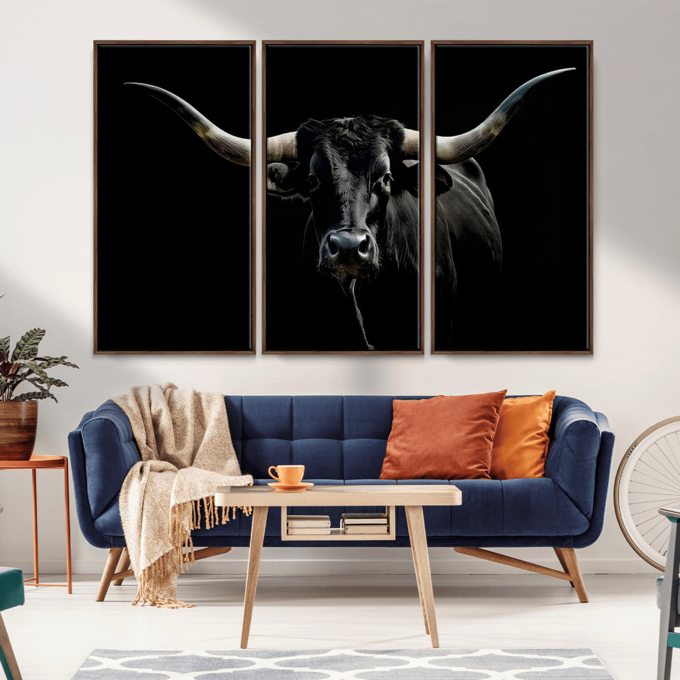 MGV-FC-48X32-3P - Texas Black Longhorn Bull Wall Art Canvas Print - Western Texas Cattle Rustic Decor Print - Longhorn