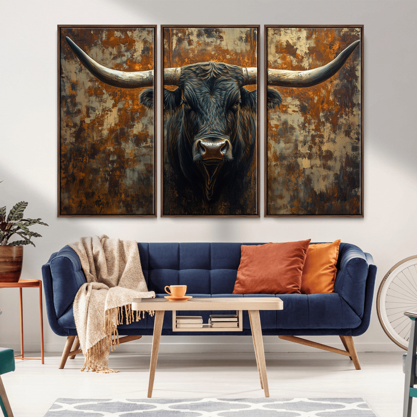MGV-FC-48X32-3P - Longhorn Texas Cow Bull Wall Art | Rustic Farmhouse Canvas Print | Ready to Hang Barn Decor for