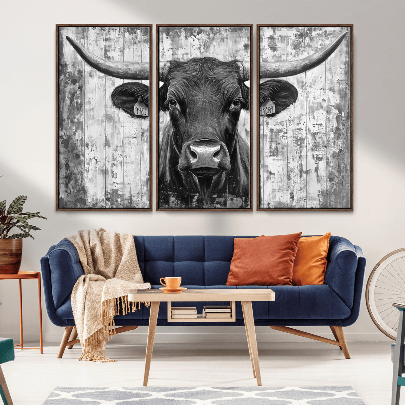 MGV-FC-48X32-3P - Abstract Longhorn Bull Wall Art Canvas Print - Rustic Texas Western Cow Artwork