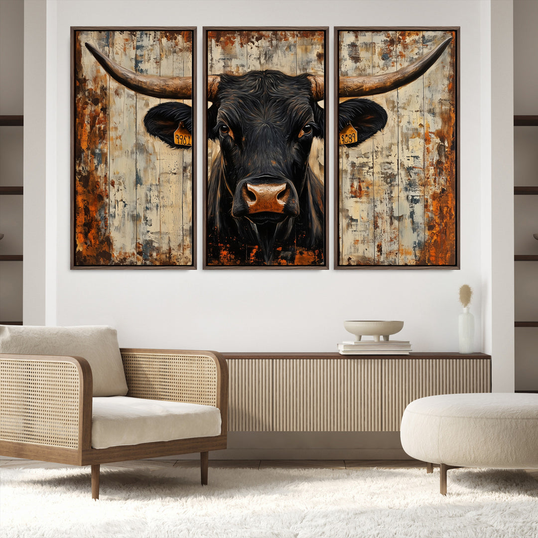 Rustic Texas Artwork Wall Art Canvas Print - Abstract Cow Longhorn Bull Wall Art Canvas Print