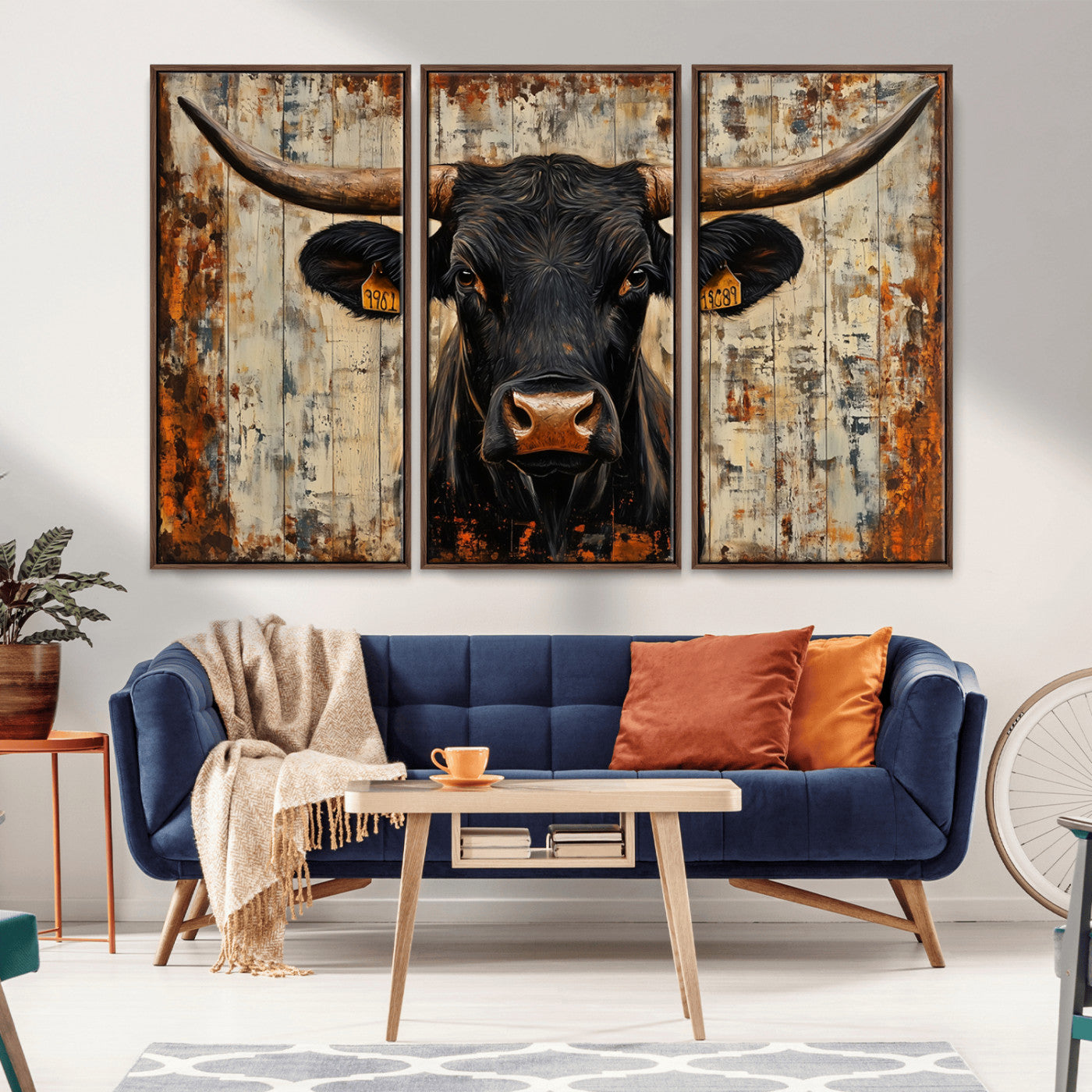 MGV-FC-48X32-3P - Rustic Texas Artwork Wall Art Canvas Print - Abstract Cow Longhorn Bull Wall Art Canvas Print