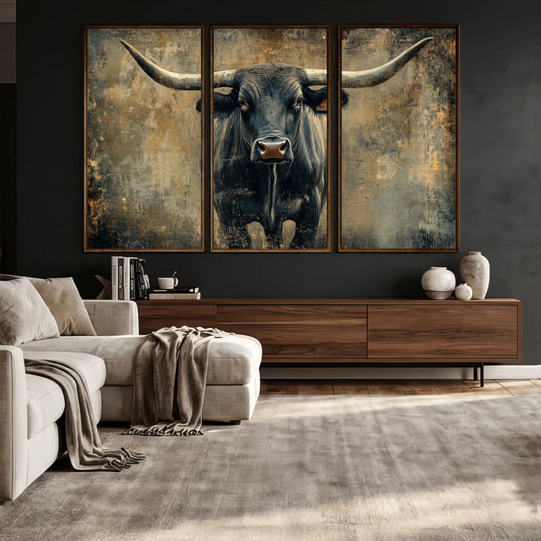 Texas Longhorn Bull Wall Art, Framed Rustic Cow Canvas Print, Western Farmhouse Decor