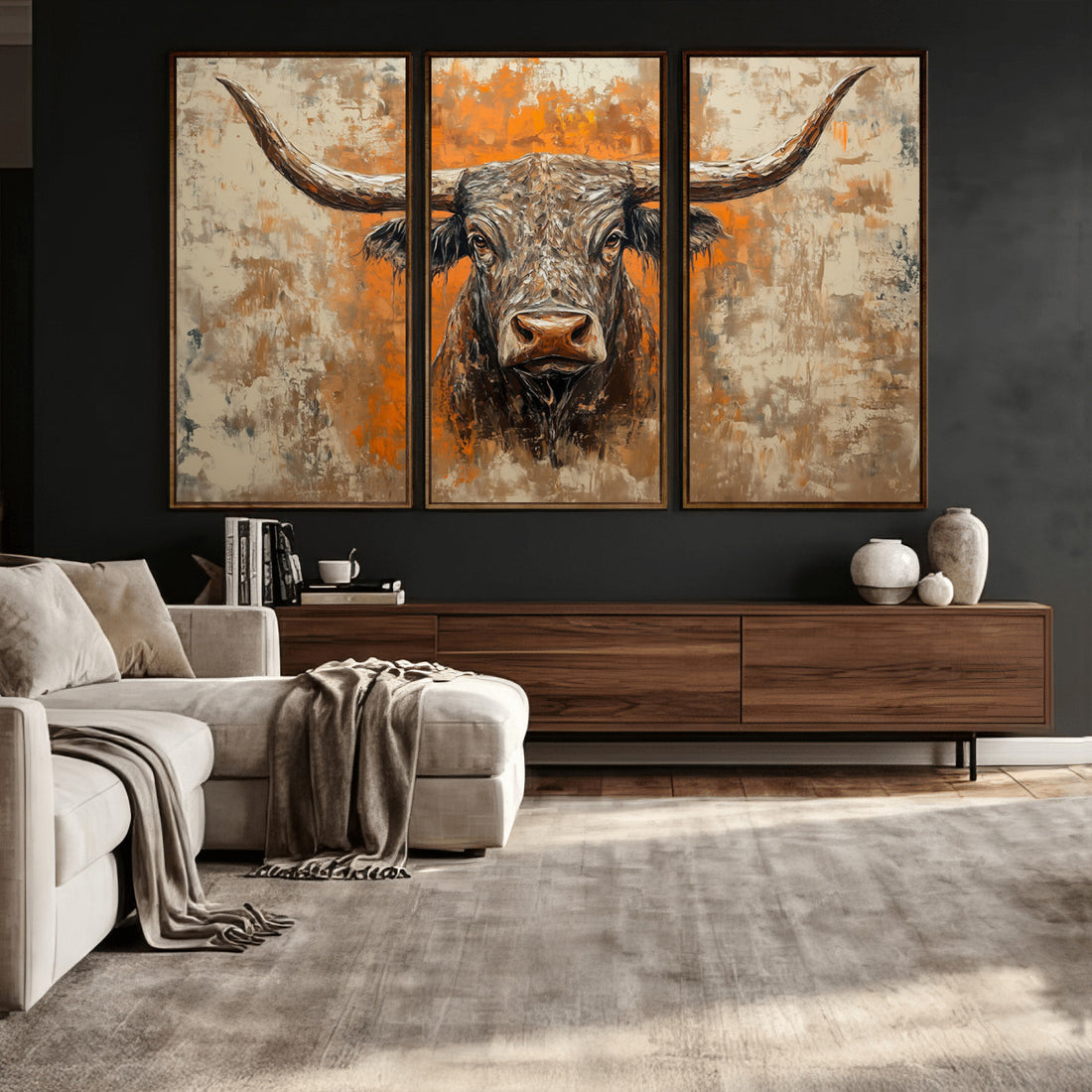 Abstract Cow Longhorn Bull Wall Art Canvas Print, Rustic Texas Western Cattle Artwork