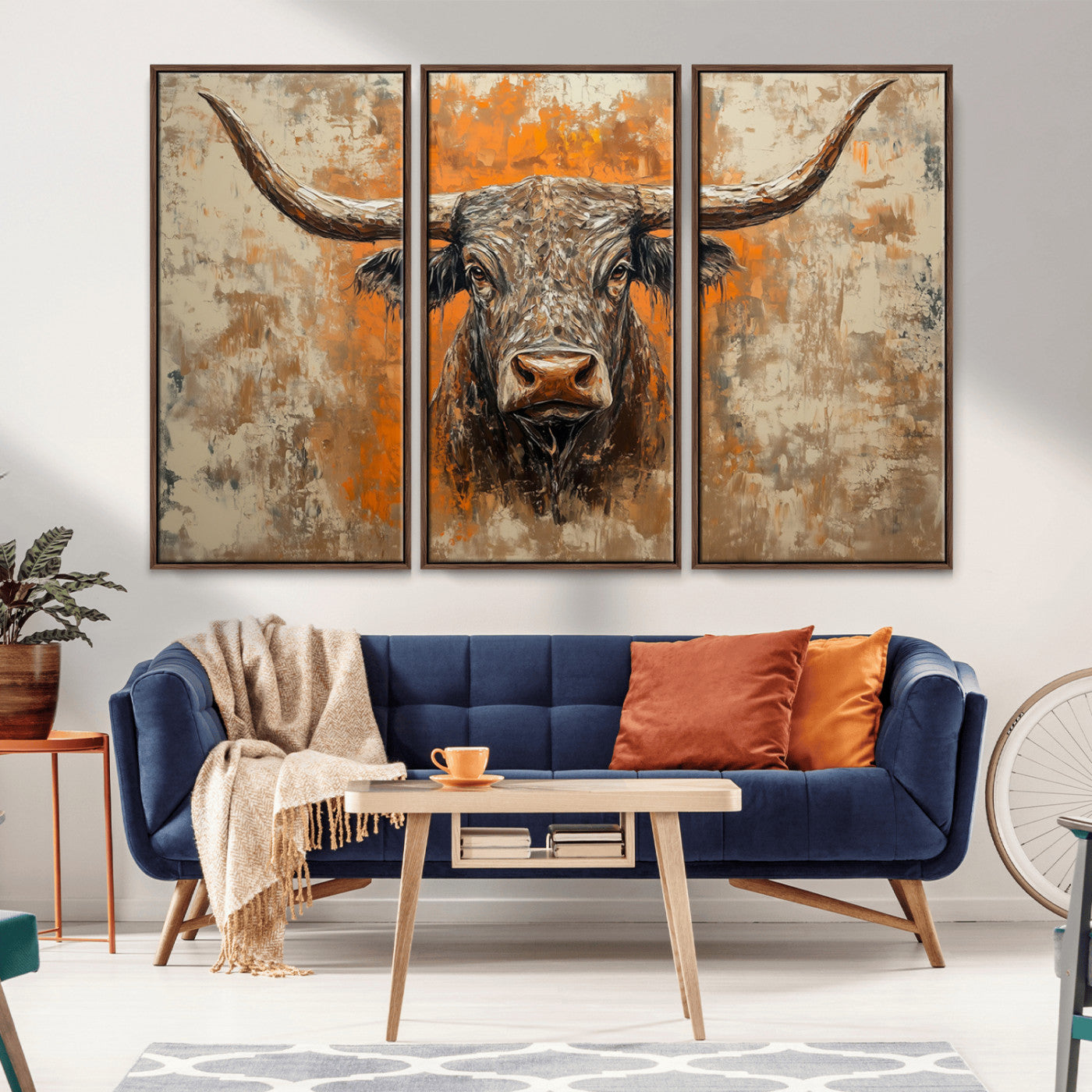 MGV-FC-48X32-3P - Abstract Cow Longhorn Bull Wall Art Canvas Print - Rustic Texas Western Cattle Artwork