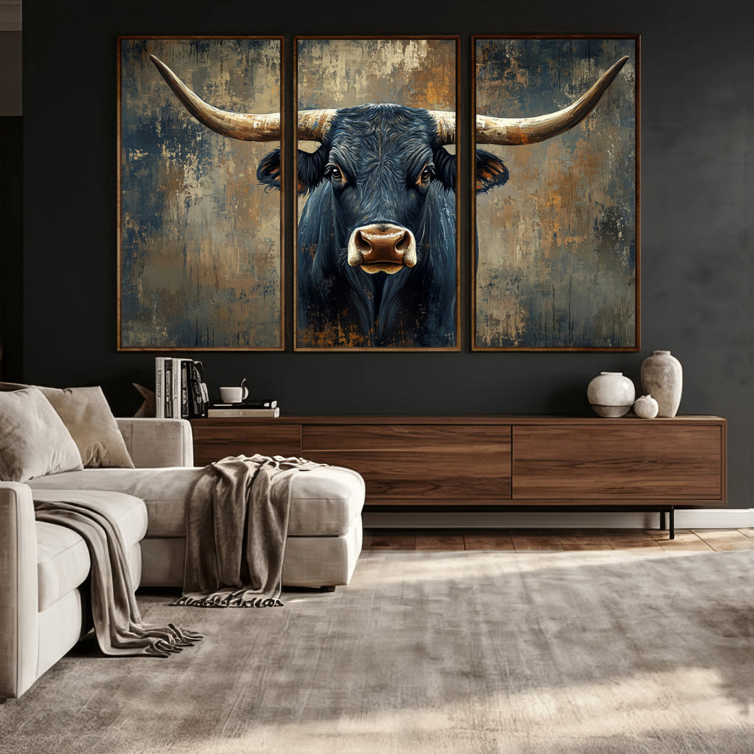 Texas Western Wall Art Canvas Print, Abstract Cow Longhorn Bull Wall Art