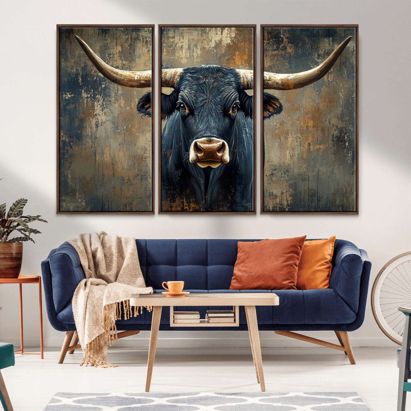 MGV-FC-48X32-3P - Texas Western Wall Art Canvas Print - Abstract Cow Longhorn Bull Wall Art Canvas Print - Rustic Cow