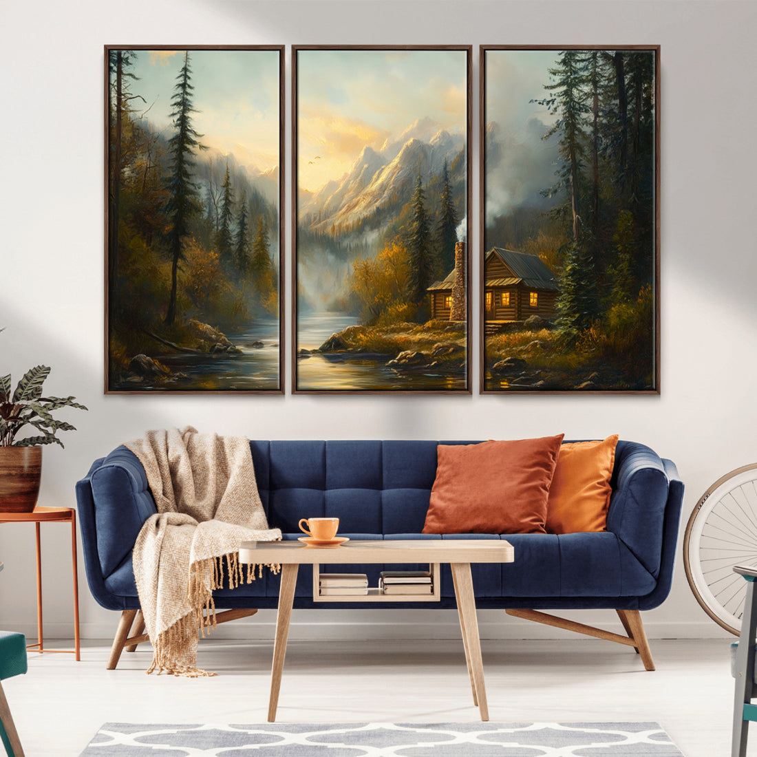 Wood Cabin Retreat Mountain at Sunset Wall Art Print, Serene Forest and River Landscape