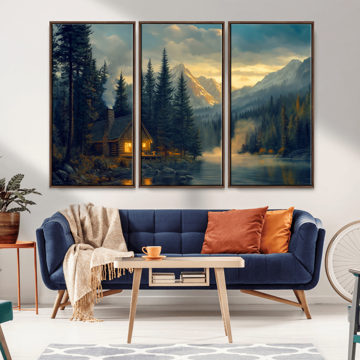 MGV-FC-48X32-3P - Mountain Cabin by the Lake at Sunset Wall Art - Serene Nature Canvas Print for Living Room Decor,