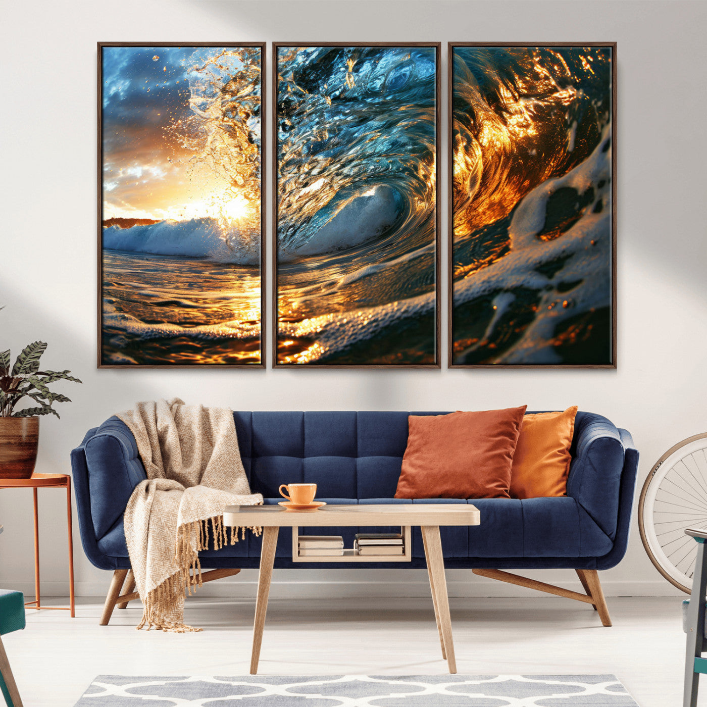 MGV-FC-48X32-3P - Ocean Wave at Sunset Canvas Wall Art – Vibrant Coastal Beach Waves Print, Large Nautical Decor,