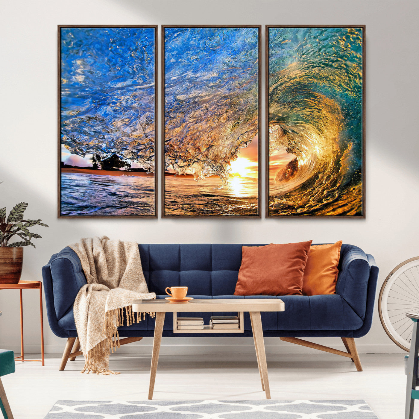 MGV-FC-48X32-3P - Ocean Wave at Sunset Canvas Wall Art – Vibrant Coastal Beach Waves Print, Large Nautical Decor,