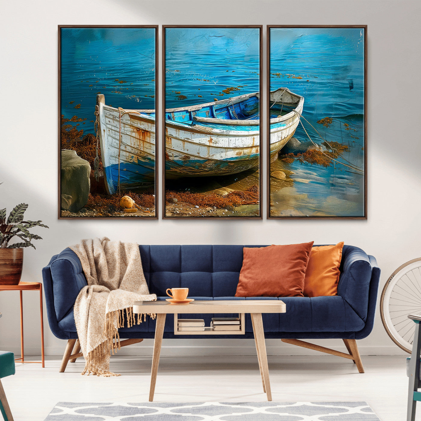 MGV-FC-48X32-3P - Vintage Boat on Tranquil Waters | Coastal Wall Art for Nautical Decor | Rustic Triptych Canvas Print