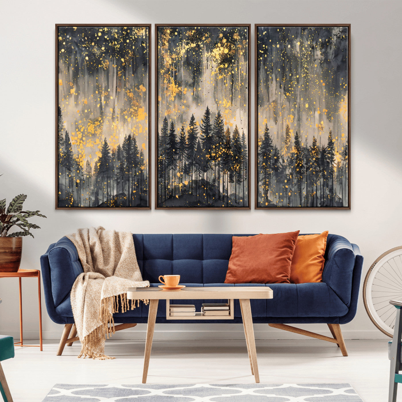 MGV-FC-48X32-3P - Golden Forest Abstract Wall Art | Dark Forest with Gold Splatter Accents | Triptych Ready to Hang