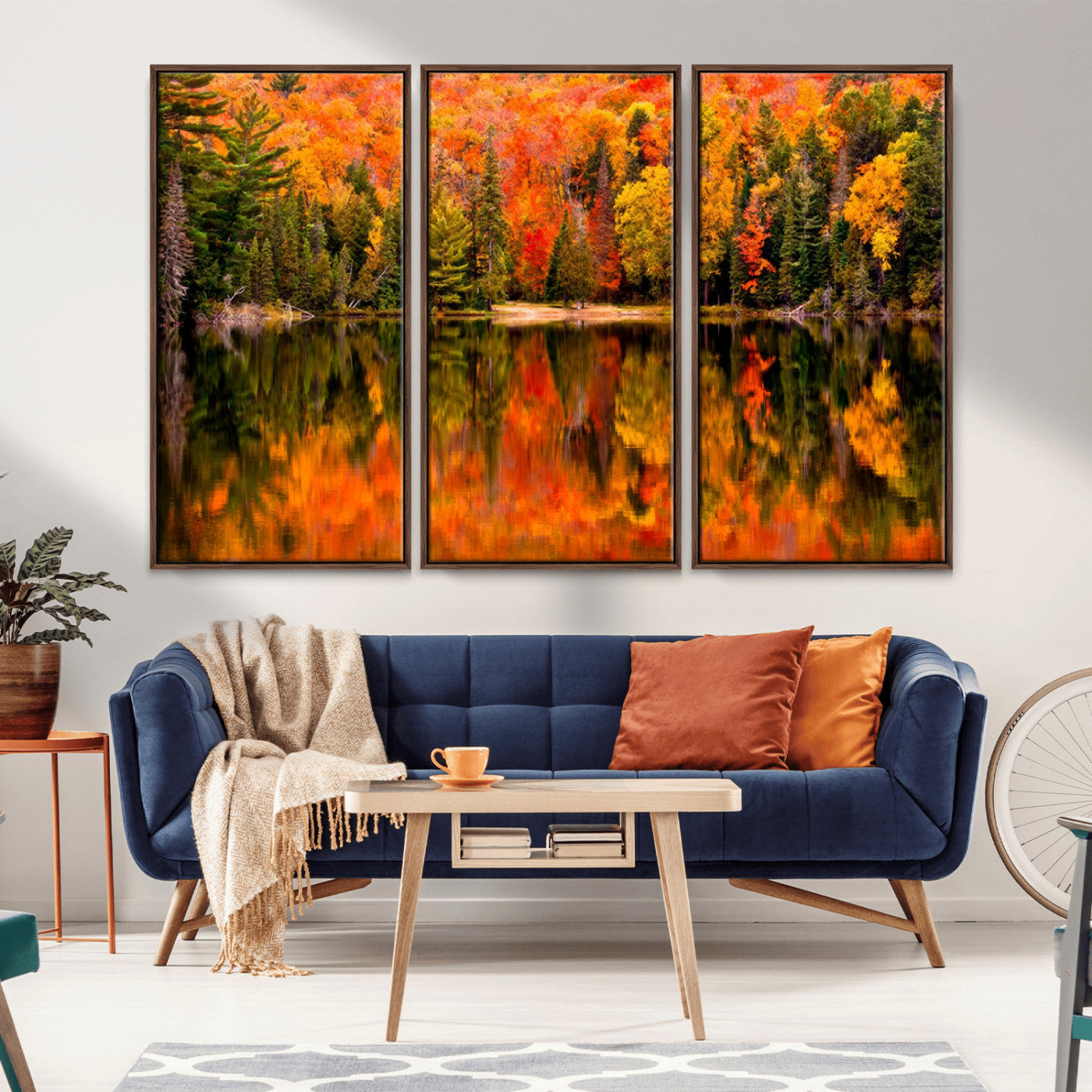 MGV-FC-48X32-3P - Forest Reflection Art | Autumn Forest Reflection Wall Art | Triptych Canvas Print | Vibrant Fall