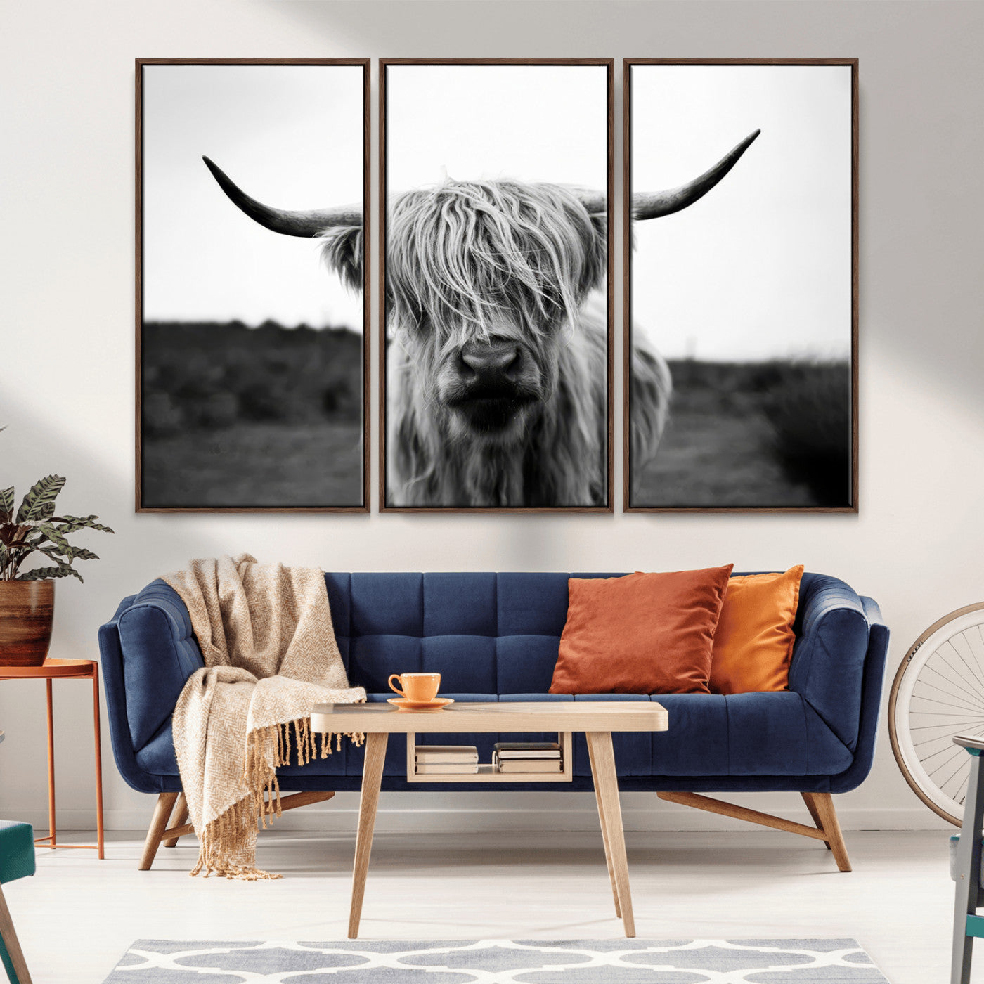 MGV-FC-48X32-3P - Highland Cow Wall Art | Black and White Farmhouse Decor | Triptych Canvas Print | Rustic Barn Decor