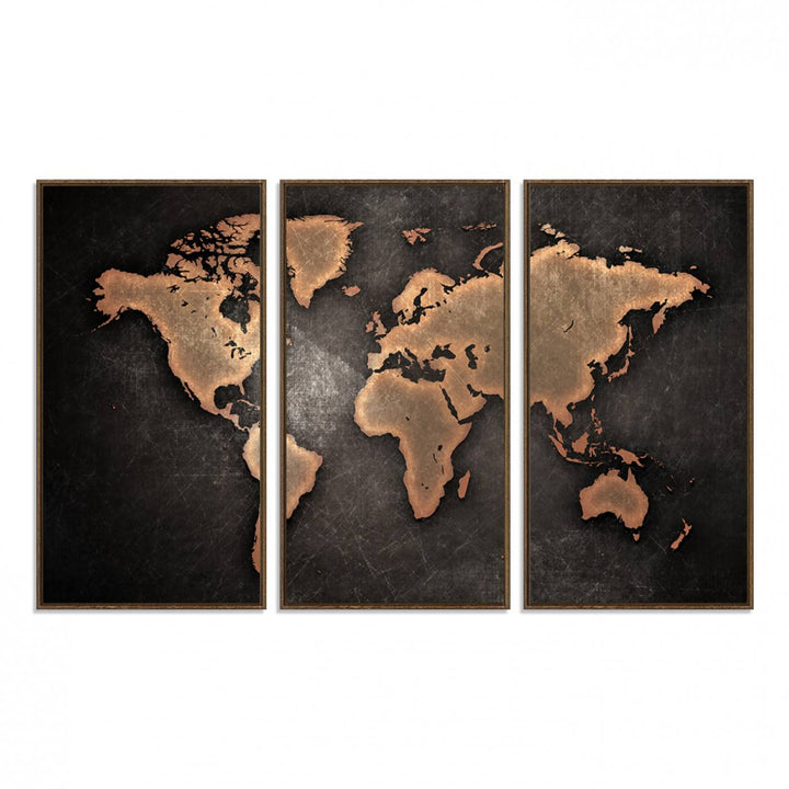 Maroon World Map Wall Art: Copper continents on a grunge-stained canvas, ideal for enhancing your decor.