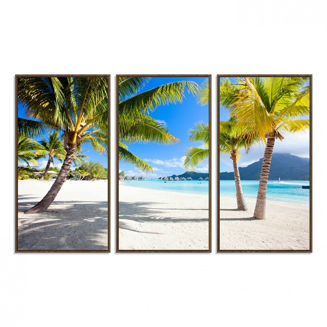 Blue Beach and Sea Wall Art Canvas Print: showcases a tropical scene with palm trees, white sand, and turquoise water.