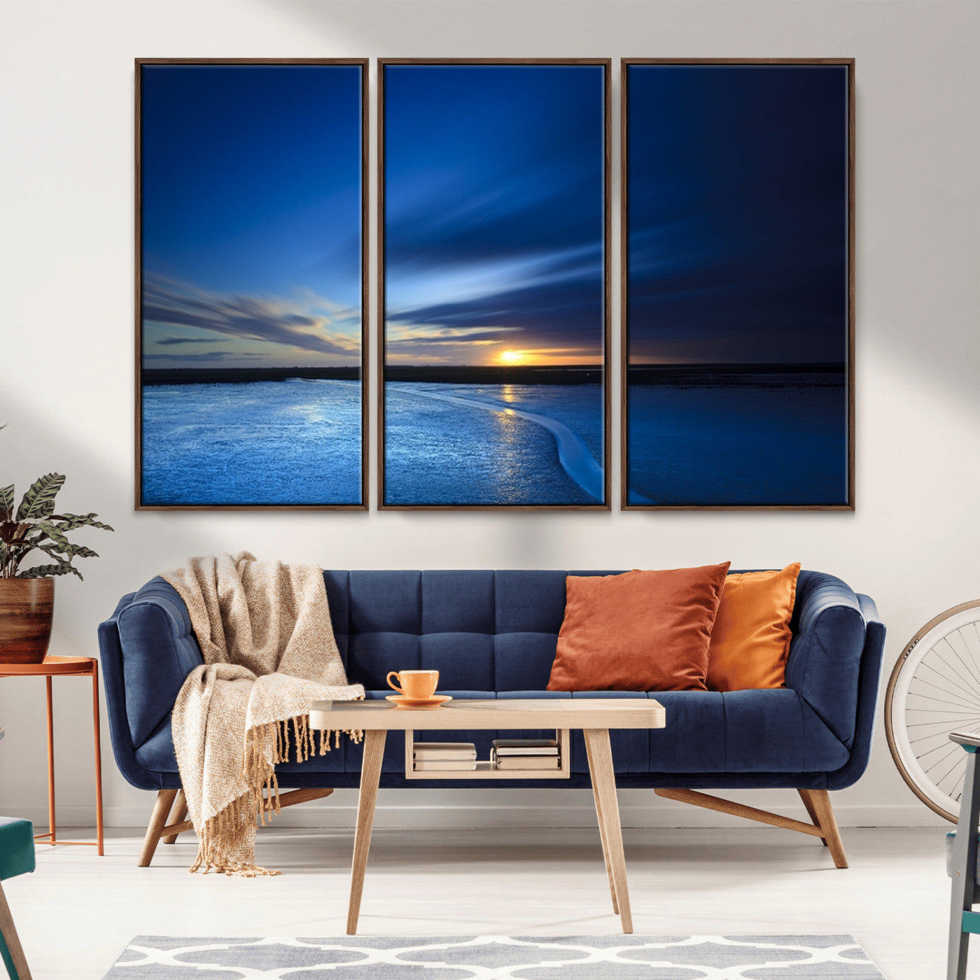 MGV-FC-48X32-3P - Blue Sunset Ocean Canvas Wall Art Print – Serene Coastal Horizon Wall Decor for Home or Office –
