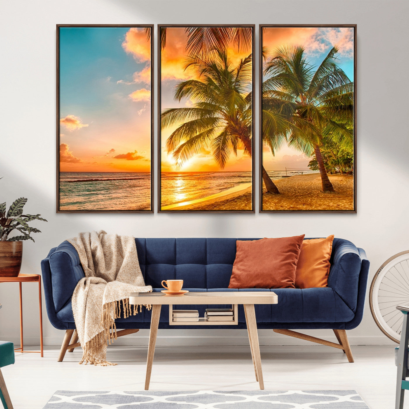 MGV-FC-48X32-3P - Tropical Sunset Beach Canvas Wall Art Print – Vibrant Palm Trees and Coastal Sunset Wall Decor for