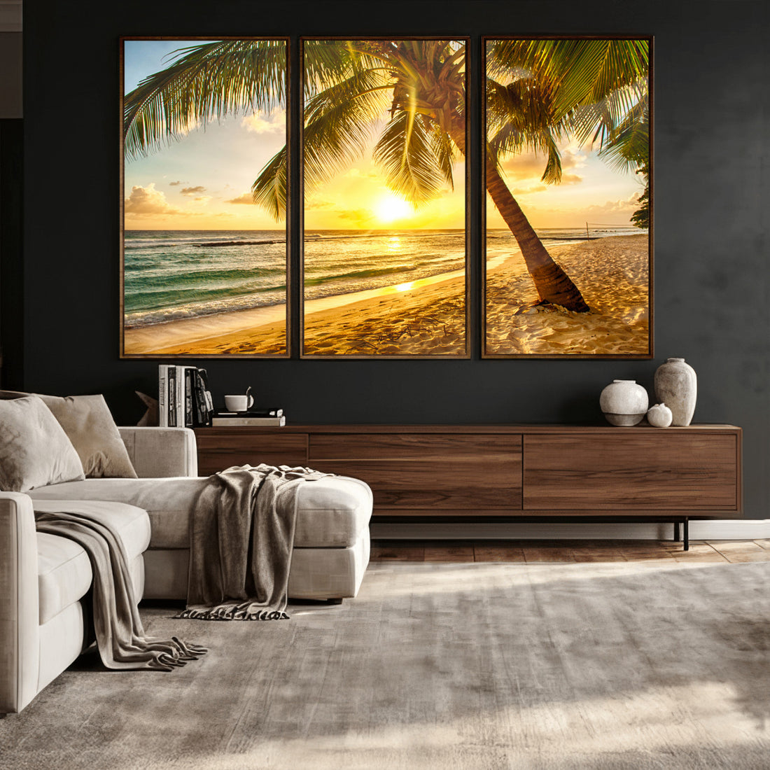 Beach Sunset Canvas Wall Art Print - Tropical Beach Canvas With Palm Trees