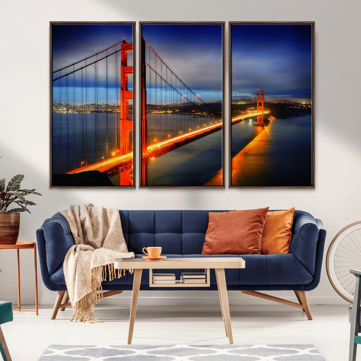MGV-FC-48X32-3P - Large Wall Art San Francisco Canvas Print - Wonderful Golden Gate Bridge at Twilight