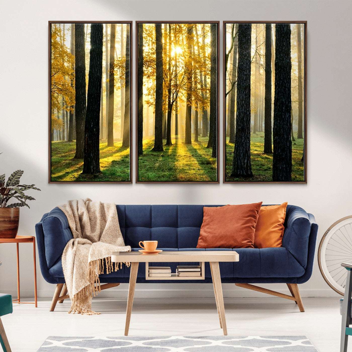 MGV-FC-48X32-3P - Sunlit Forest Canvas Wall Art – Serene Woodland Triptych Landscape Print – Nature-Inspired Decor for