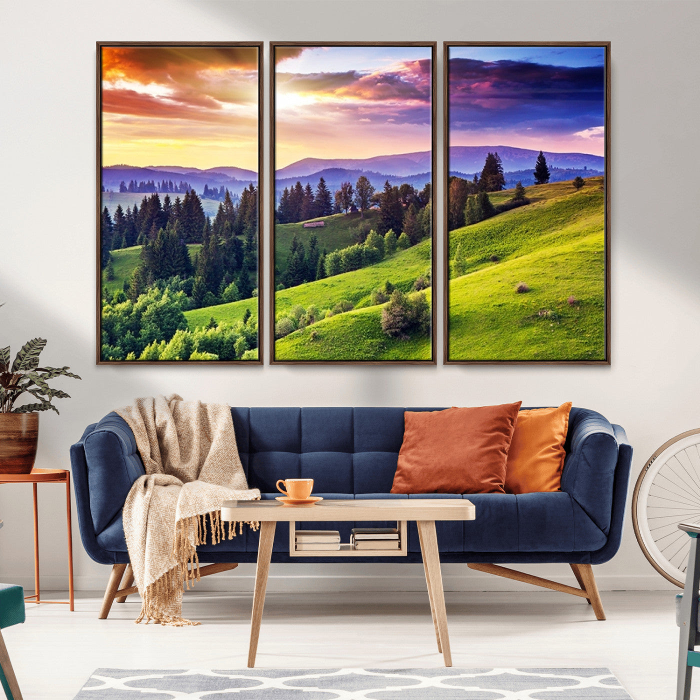 MGV-FC-48X32-3P - Green Hills and Sunset Wall Art Print - Scenic Landscape with Lush Greenery and Vibrant Sky, Ready
