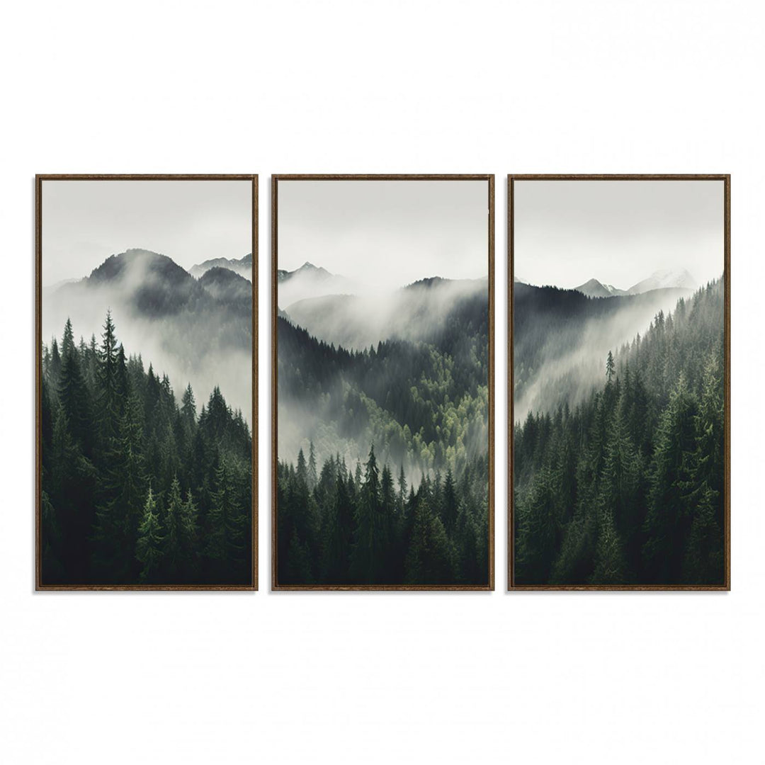 Serene and mystical landscape of misty mountains and dense evergreens, ideal for a Misty Mountain Forest Canvas Wall Art Print.