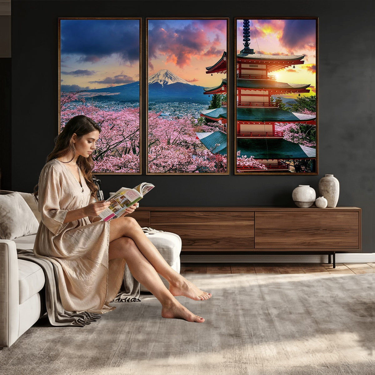 95987-MGV-CV-24X16 - Cherry Blossoms Canvas Print, Chureito Pagoda and Mount Fuji Wall Art