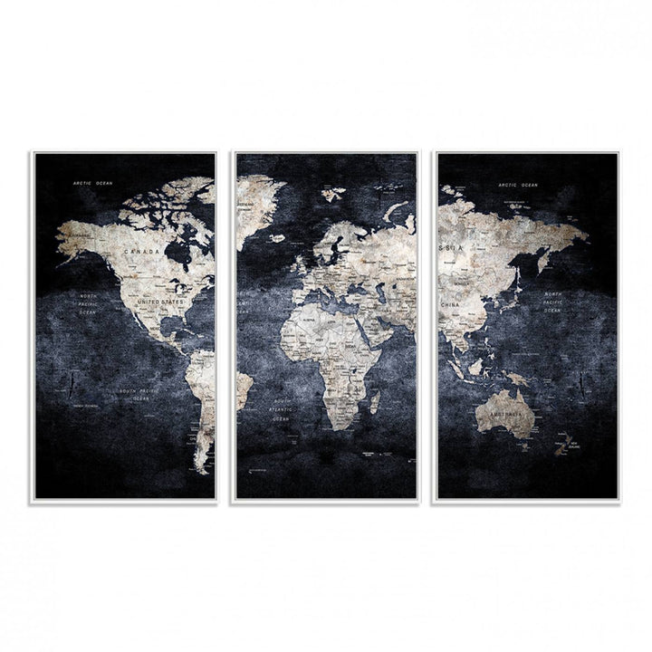 Rustic Black and Bronze World Map Canvas Triptych features white continents on a grunge-stained background.