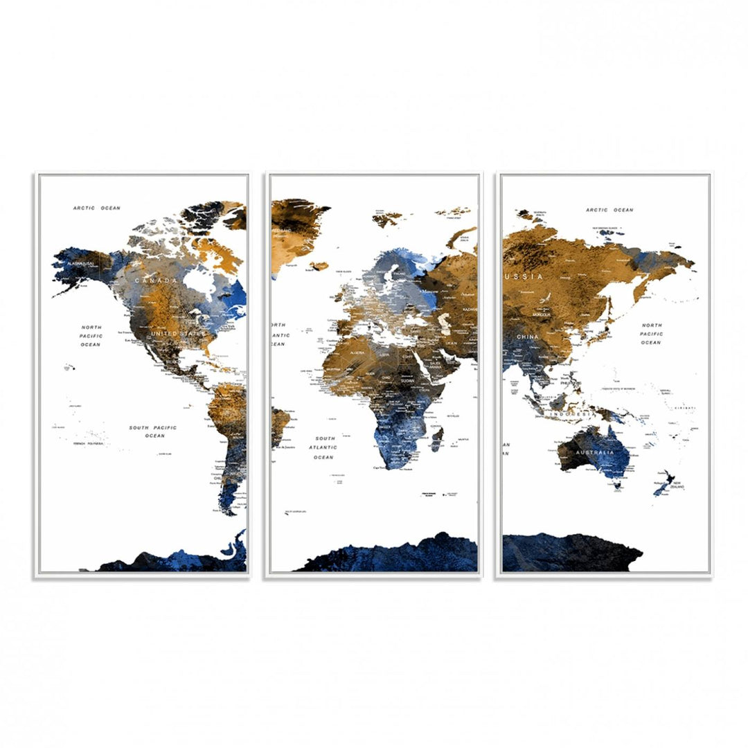 The Watercolor World Map Canvas showcases a grunge-stained background in gold, gray, and blue hues.