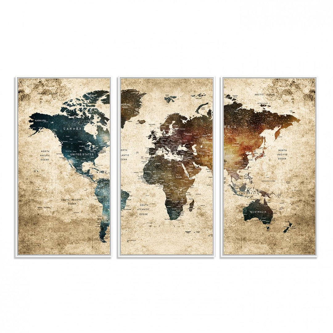 Grunge World Map Canvas featuring earth-toned continents, suitable for study, office, or living room.