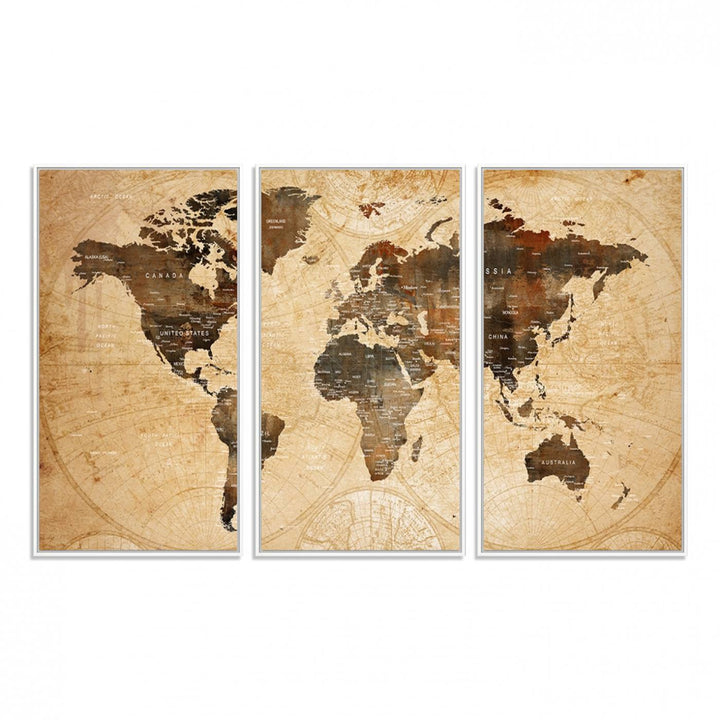 Vintage World Map: 3-Panel Canvas Print in antique rustic style. Framed and gallery wrapped. Ideal for decor.