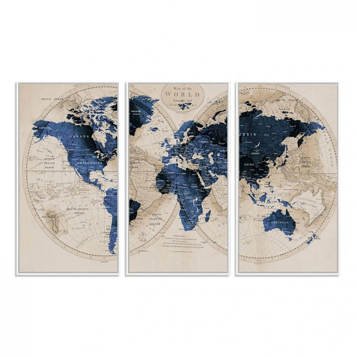 The Vintage Triptych Map Print is a grunge-stained blue and beige world map, perfect for enhancing wall decor.