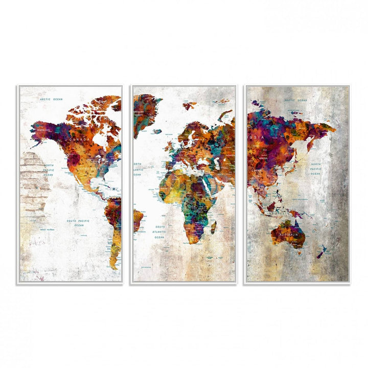 A vibrant Grunge Map Canvas Wall Art Set (3 Panels) for home or office decor, perfect for travel enthusiasts.