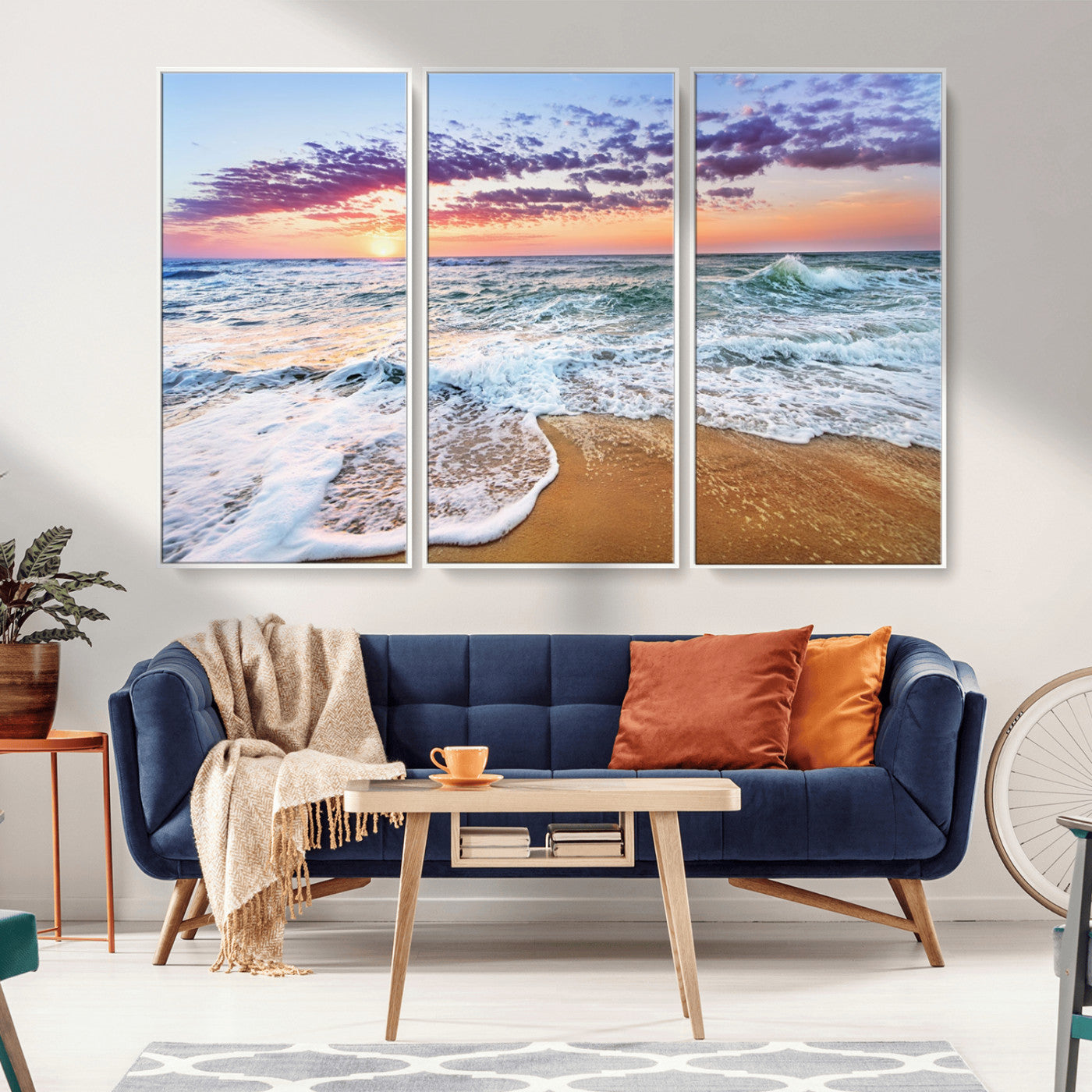 MGV-FC-48X32-3P - Coastal Sunset Art Beach Canvas Wall Art Print | Ocean Waves Wall Art | Large 3-Panel Seascape for