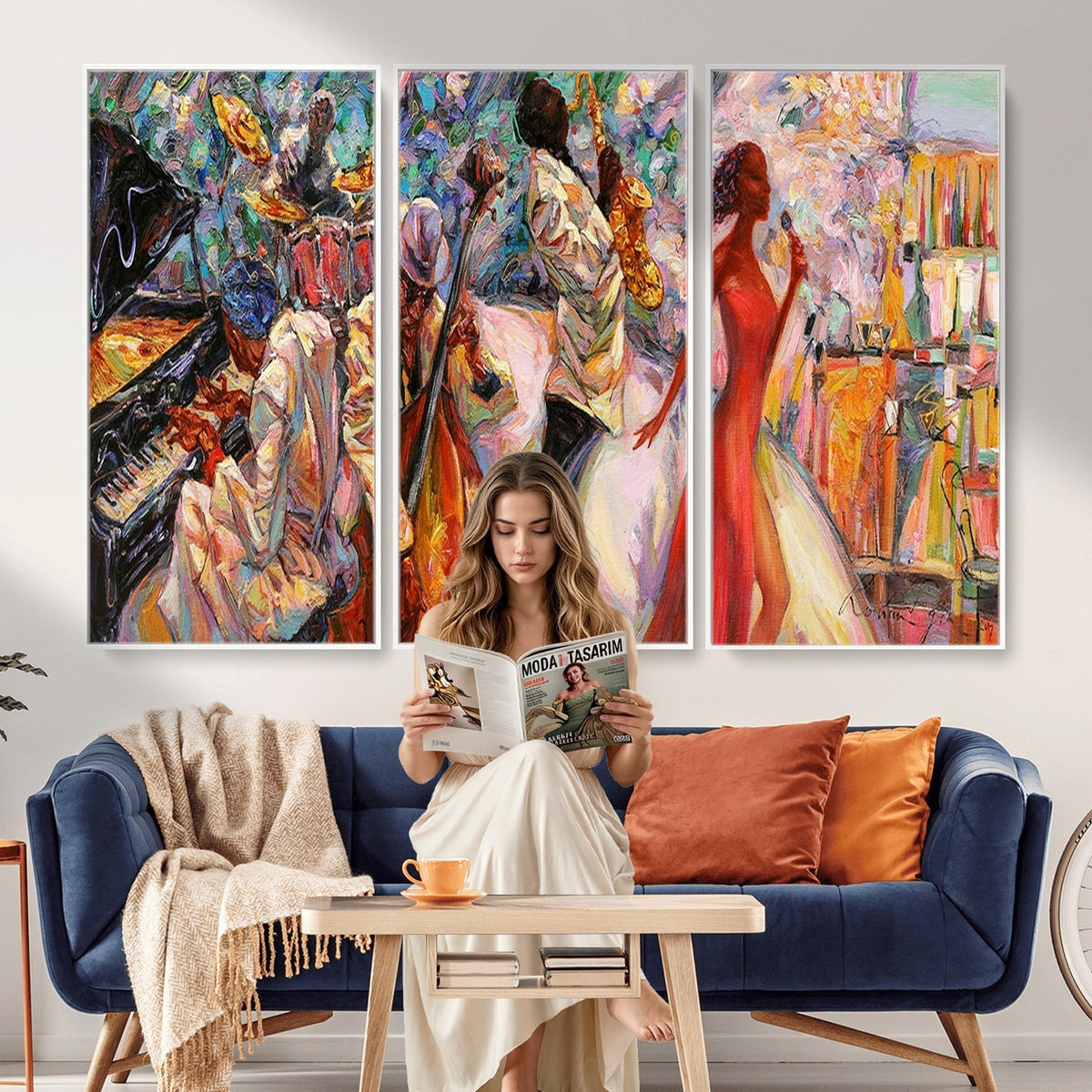 40574-_Poster-30x20 - Afro American Jazz Band Canvas Wall Art | 3 Panel Music Studio Decor