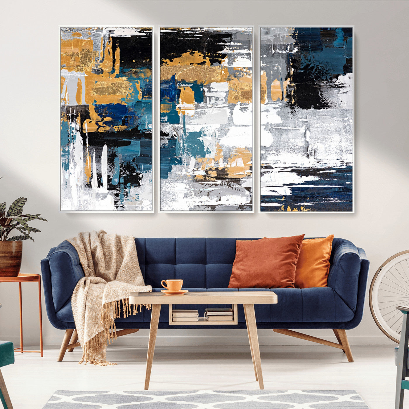 57708-MGV-CV-36X24-Blue and Gold Abstract Canvas Wall Art – Triptych Modern Painting for Living Room – Framed and Ready to Hang