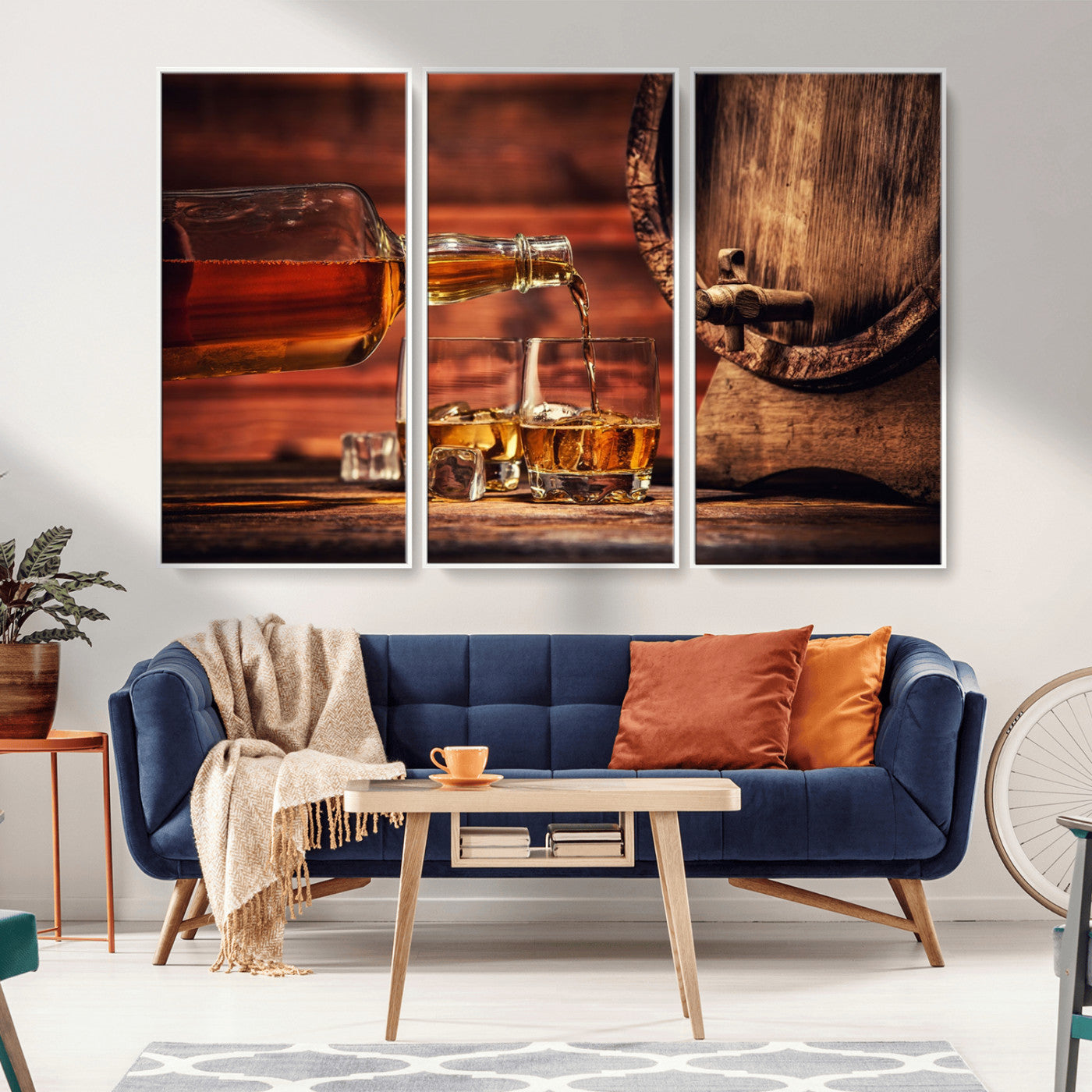 MGV-FC-48X32-3P - Whiskey and Cigar Canvas Wall Art | 3 Panel Bar Room Decor for Home Lounge, Office, or Man Cave |