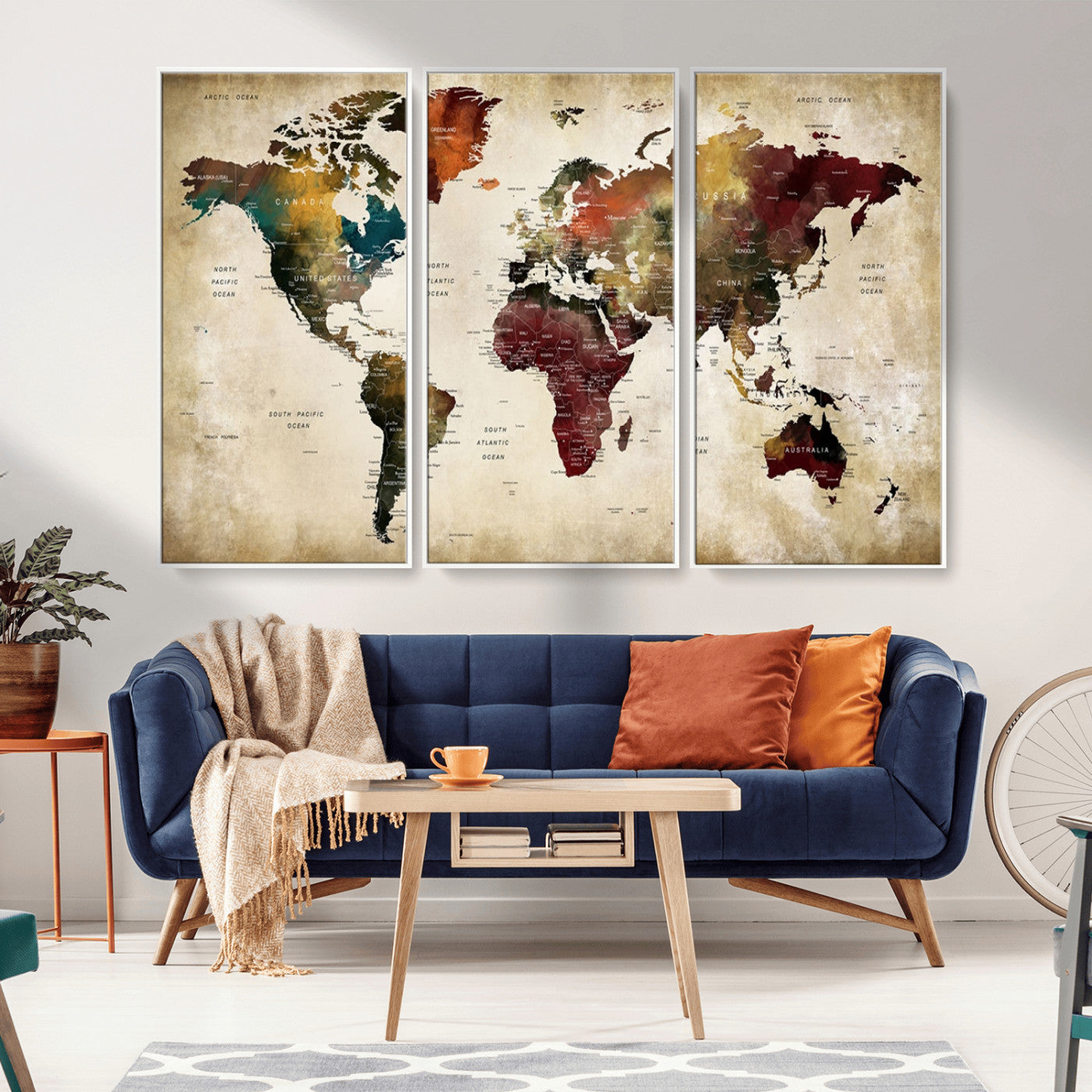 MGV-FC-48X32-3P - Large World Map Wall Art Canvas Print, Framed Push Pin Map Art Picture Print, Abstract Traveller Map Perfect Modern Decor Artwork