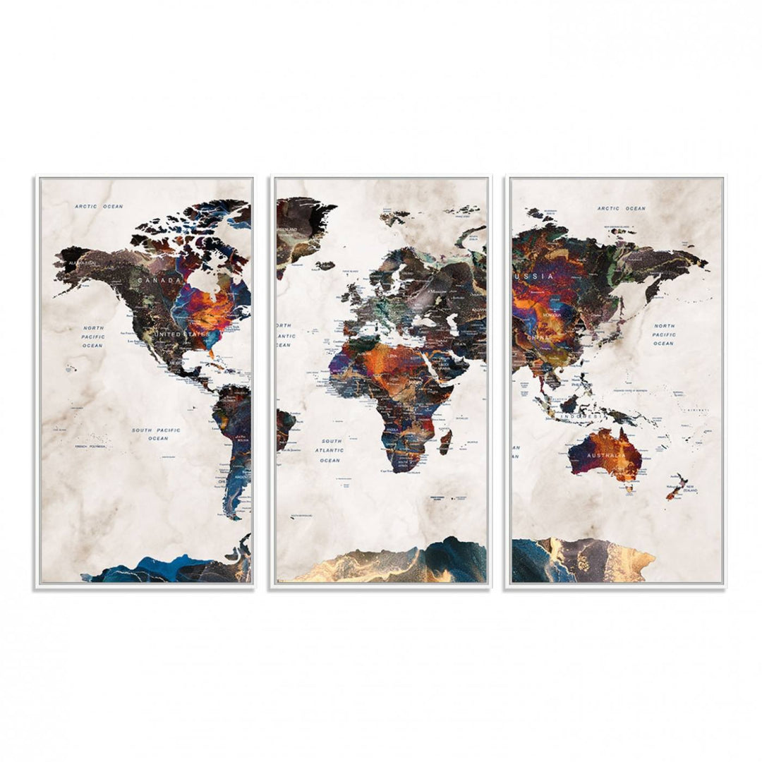 Watercolor World Map Canvas Print in earthy hues with a grunge background, ideal for wall decor.