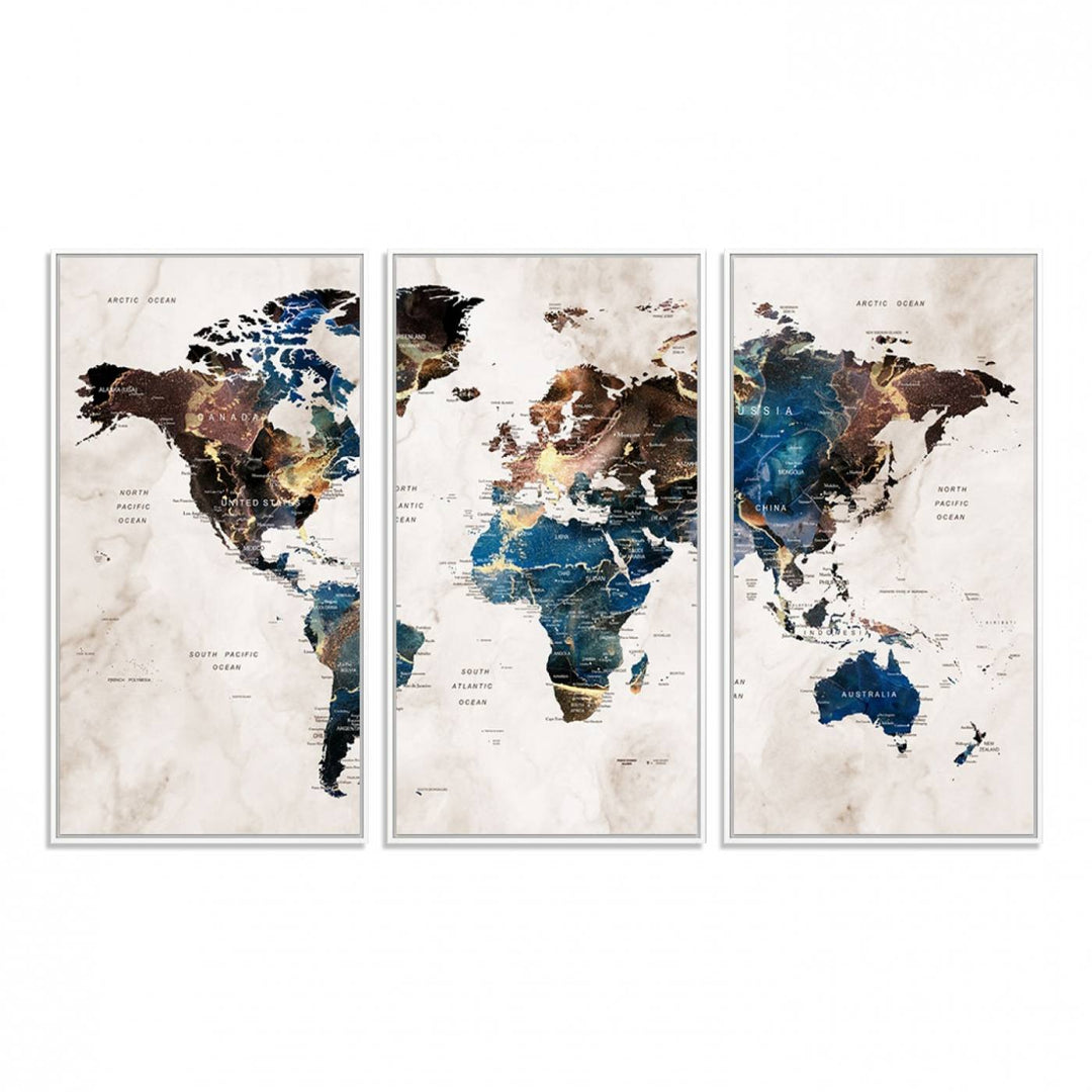 Abstract earth-toned 3-panel world map wall art featuring blues and browns, ready to hang; it showcases continents on modern canvas.