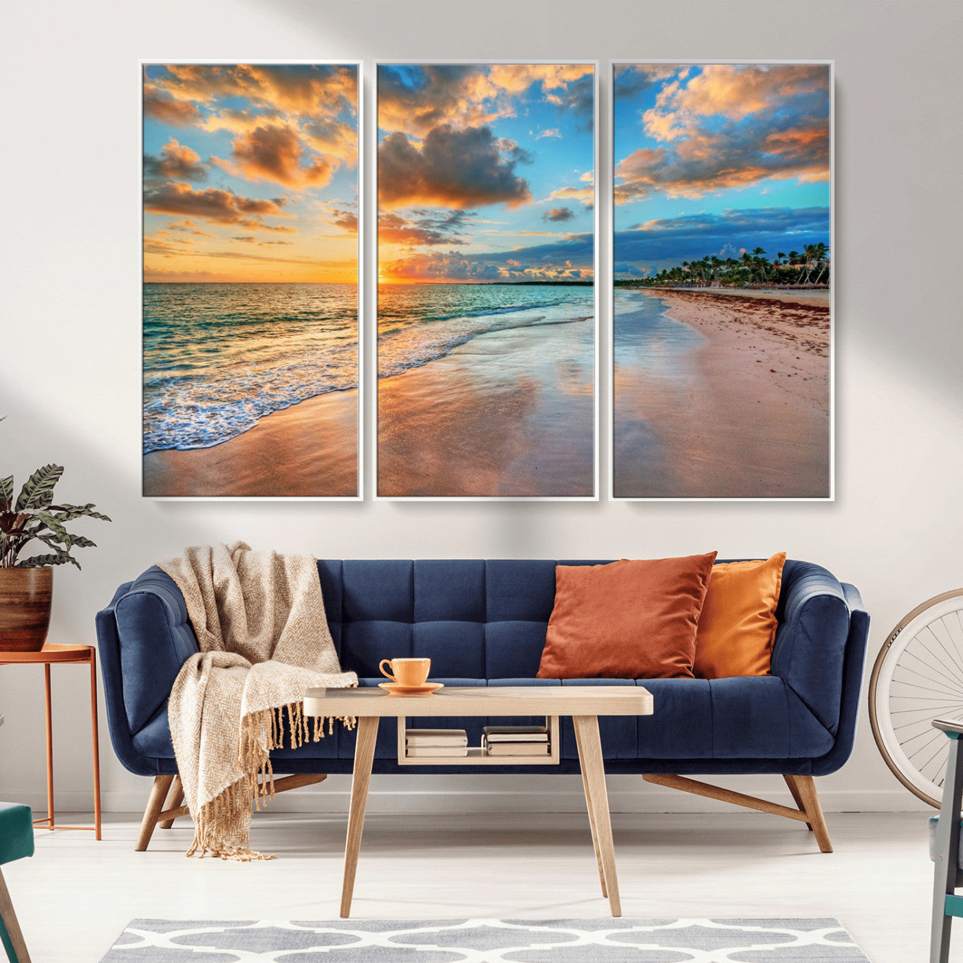 MGV-FC-48X32-3P - Sunset Ocean Waves on Tropical Beach, 3-Panel Giclee Canvas Art for Coastal Home Decor, Vibrant Palm-Lined Shore