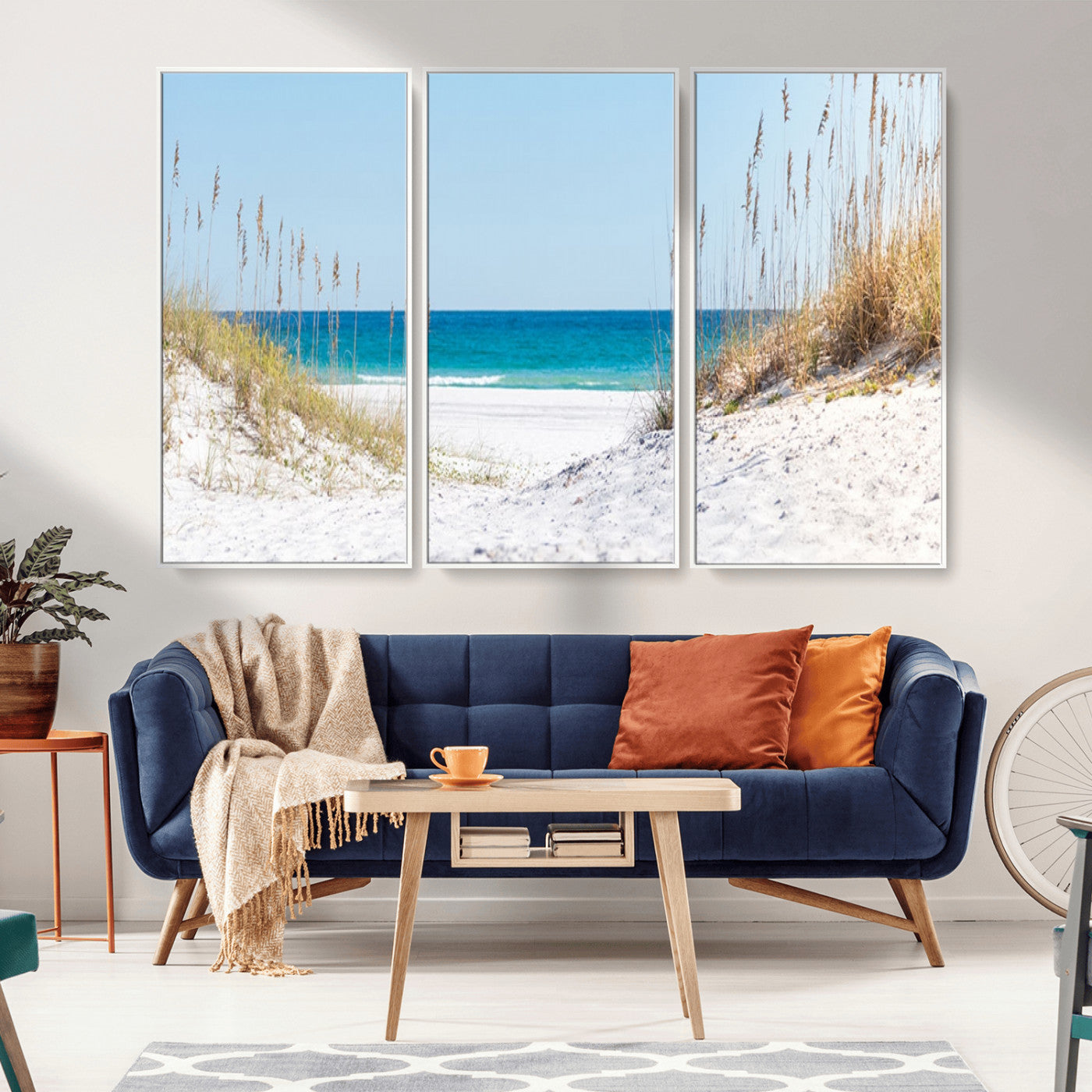 MGV-FC-48X32-3P - Serene Coastal Dune Path with Ocean View, 3-Panel Beach Canvas Wall Art, Tranquil Seascape Giclee Print, Gallery Wrap, Perfect for Coastal Home Decor
