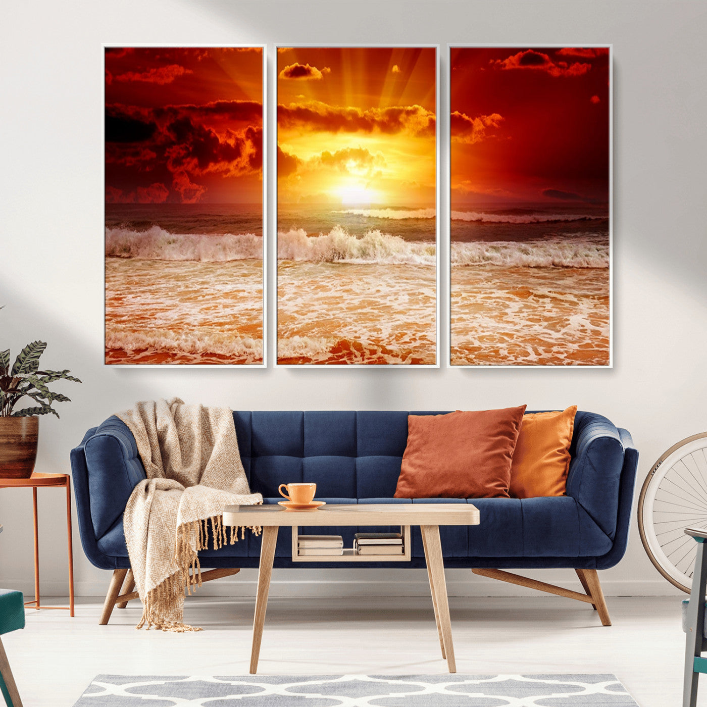 MGV-FC-48X32-3P - Red Sunset Ocean Beach Canvas Wall Art Beach Canvas, Coastal Sunset Print