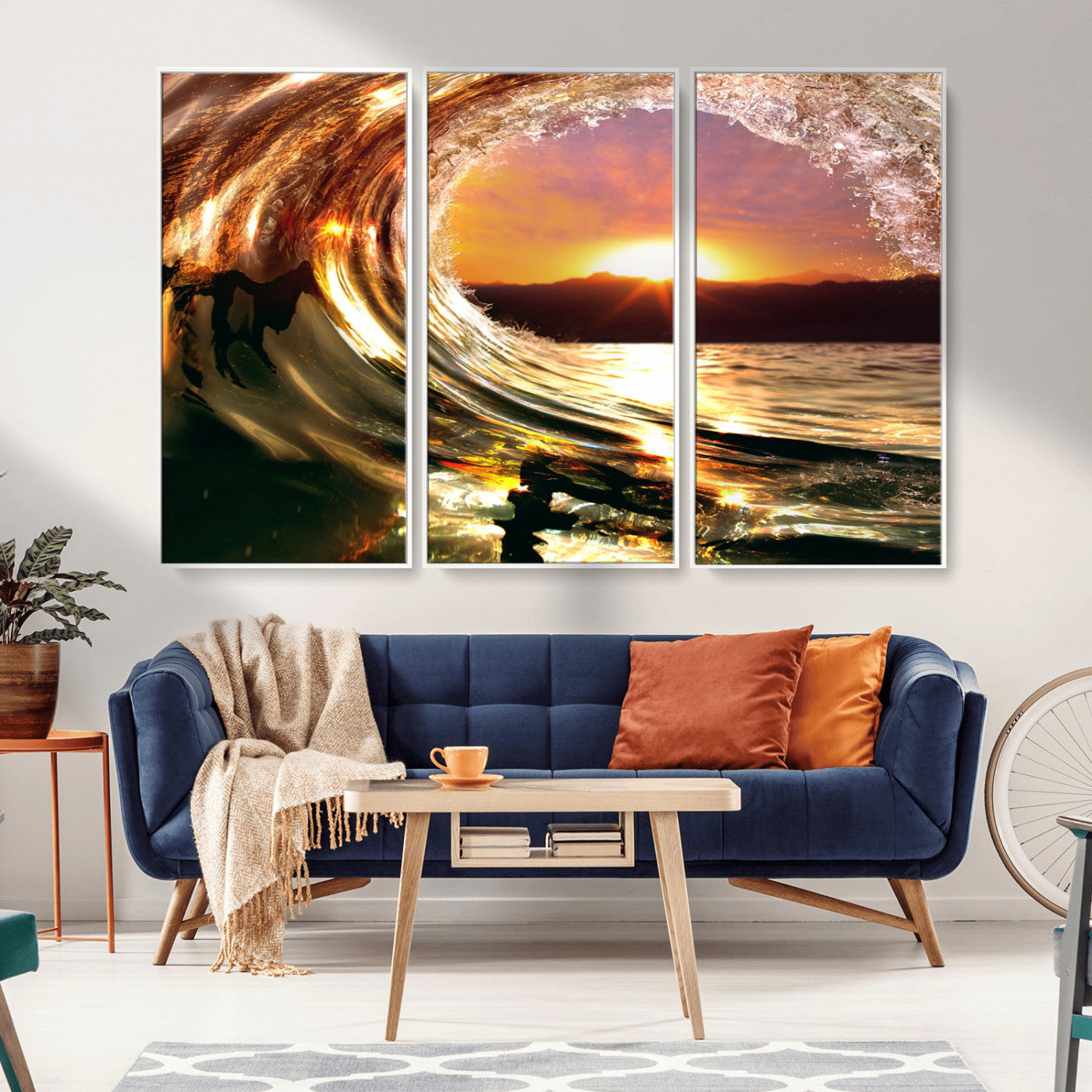 MGV-FC-48X32-3P - Golden Wave Sunset Triptych Canvas Art, Giclee Canvas Print of Ocean Wave and Sunset, Framed Ocean