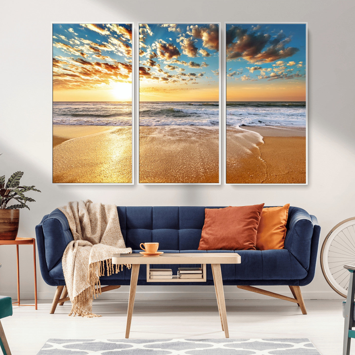 MGV-FC-48X32-3P - Golden Sunset Beach Print Canvas Wall Art, Giclee Canvas Print with Canon Print Quality, Triptych