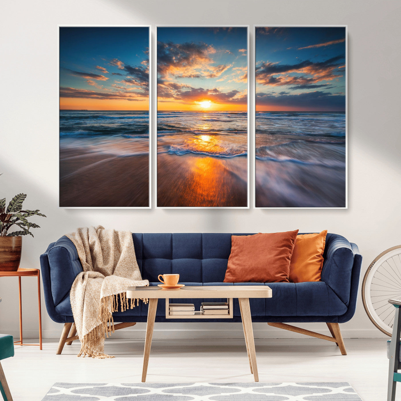 MGV-FC-48X32-3P - Sunset on the Ocean Beach with Waves, Reflections on Sand, Coastal Wall Art Print, Beach Wall Art,