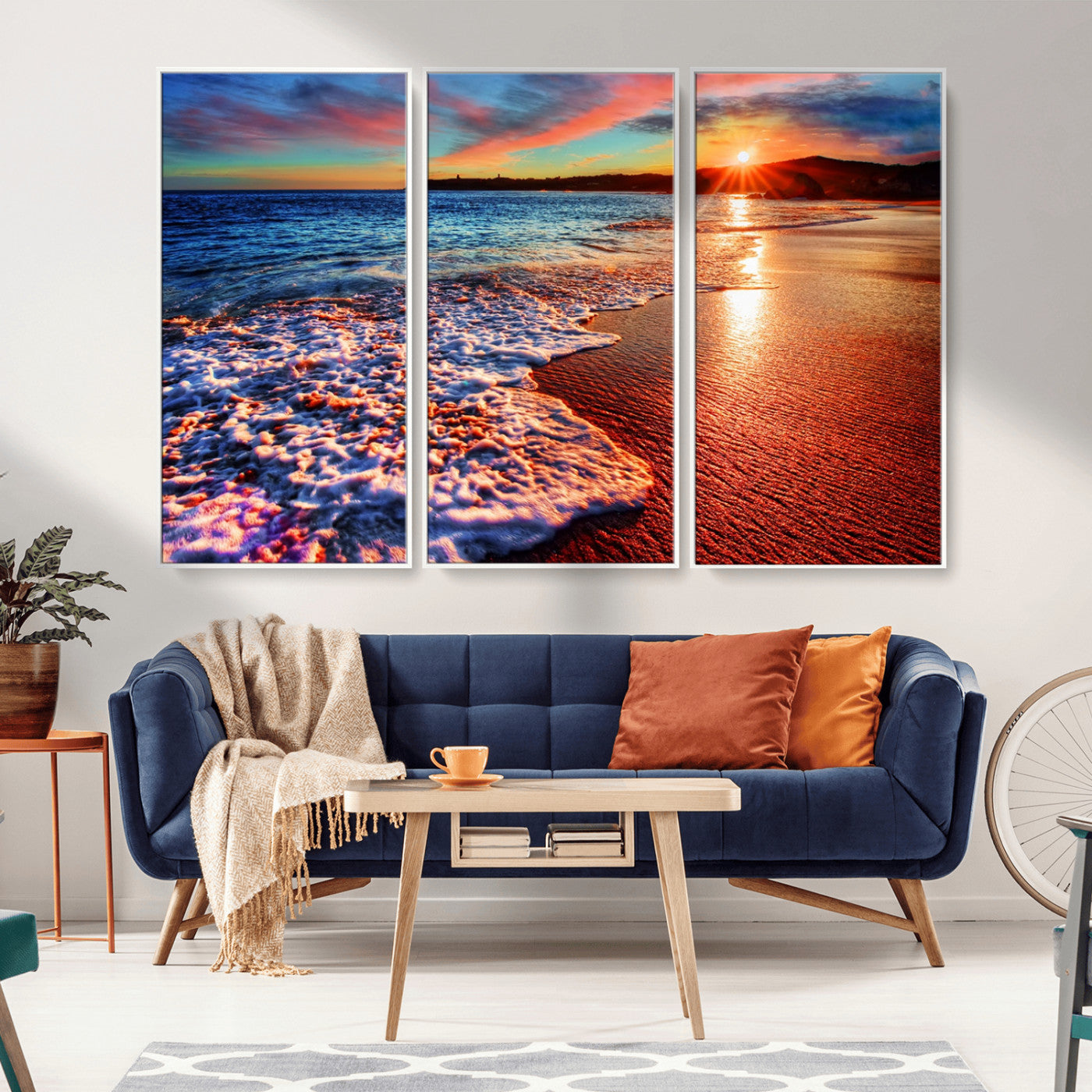 MGV-FC-48X32-3P - Colorful Coastal Sunset on the Beach Canvas Print, Ocean Waves Crashing at Dusk, Multi-Panel Seascape Vibrant Coastal Wall Art Canvas Print