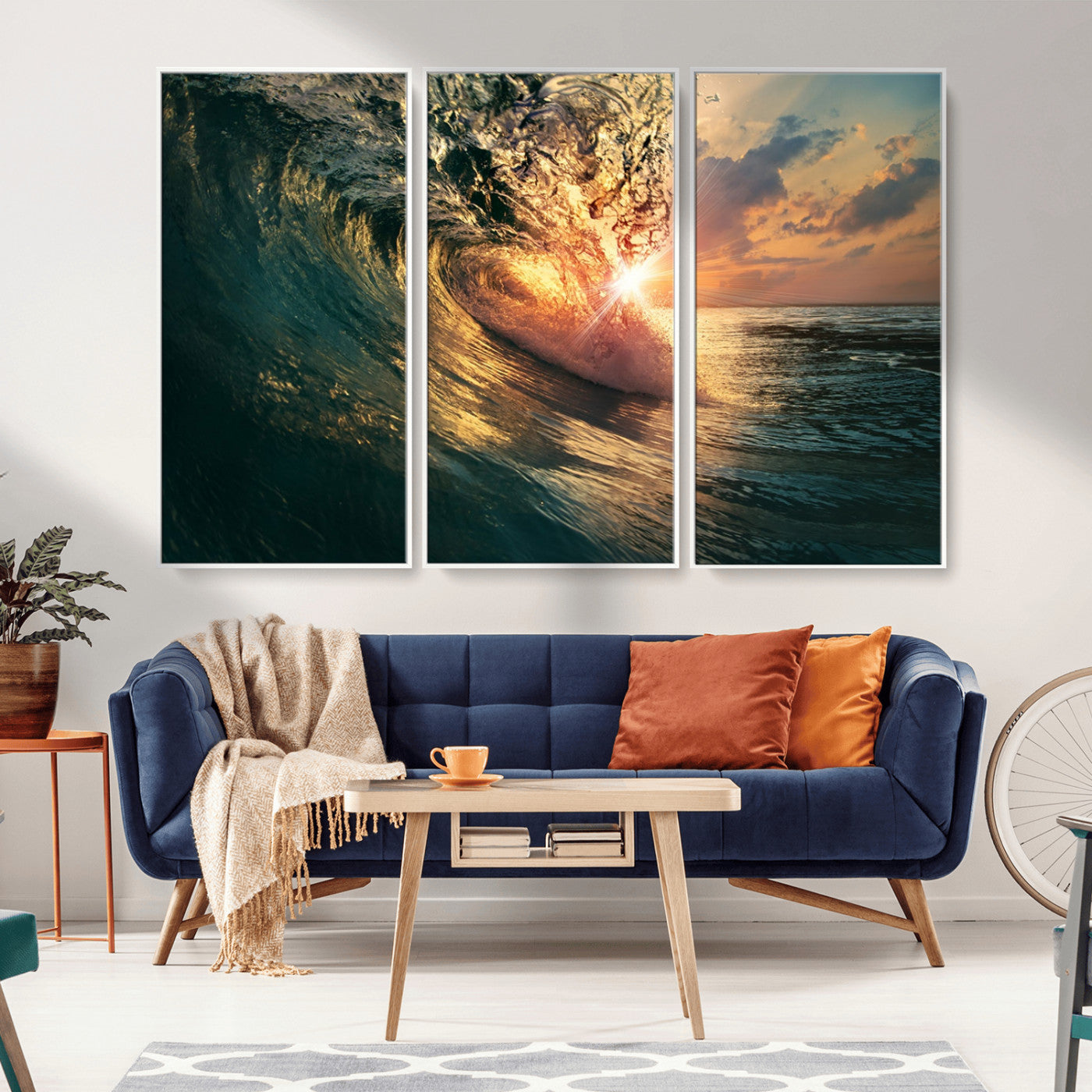 MGV-FC-48X32-3P - Ocean Wave Sunset Canvas Wall Art – Triptych Seascape Print – Framed and Ready to Hang for Living Room or Office